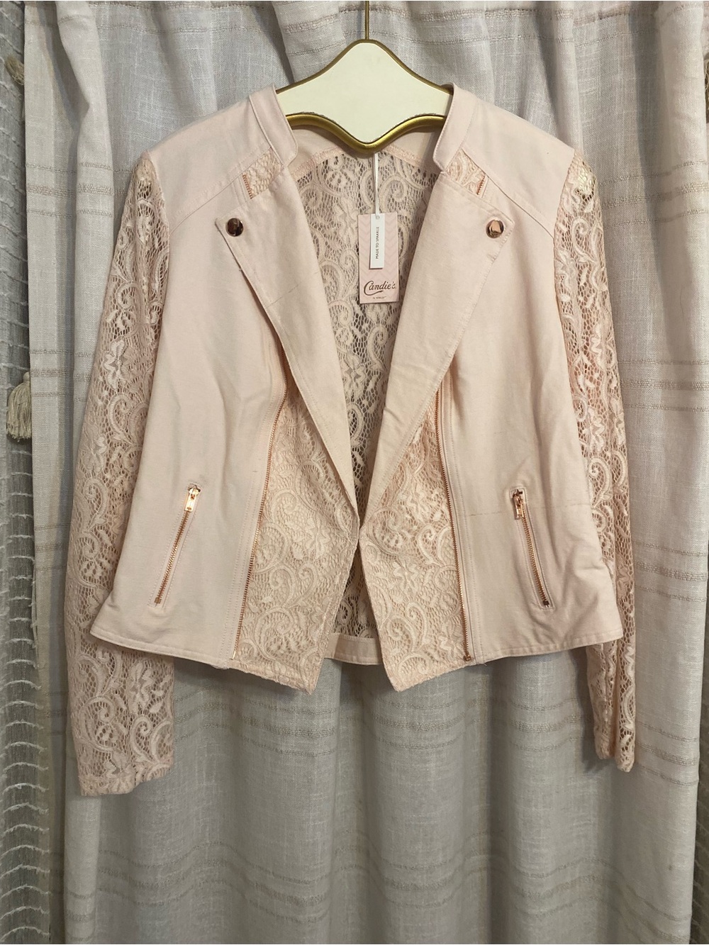 Candie's Pink Lace Moto Jacket Women's XL NWT Asymmetrical Rose Gold Zip